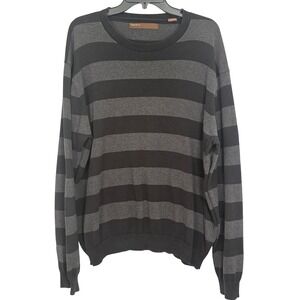 Perry Ellis Mens XL Striped Crewneck Sweater Black Charcoal Grey Cotton Knit